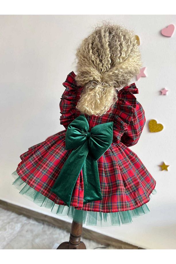 Ekose Elbise, Tatil Kız Elbisesi, Kırmızı Noel Partisi Kıyafeti, Küçük Çocuk Noel Elbisesi - 6