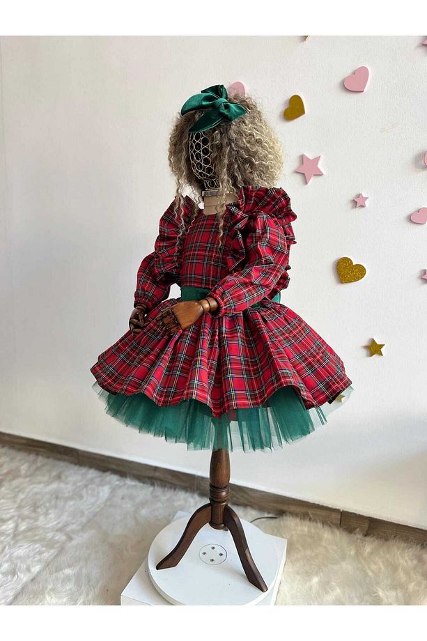 Ekose Elbise, Tatil Kız Elbisesi, Kırmızı Noel Partisi Kıyafeti, Küçük Çocuk Noel Elbisesi - 2