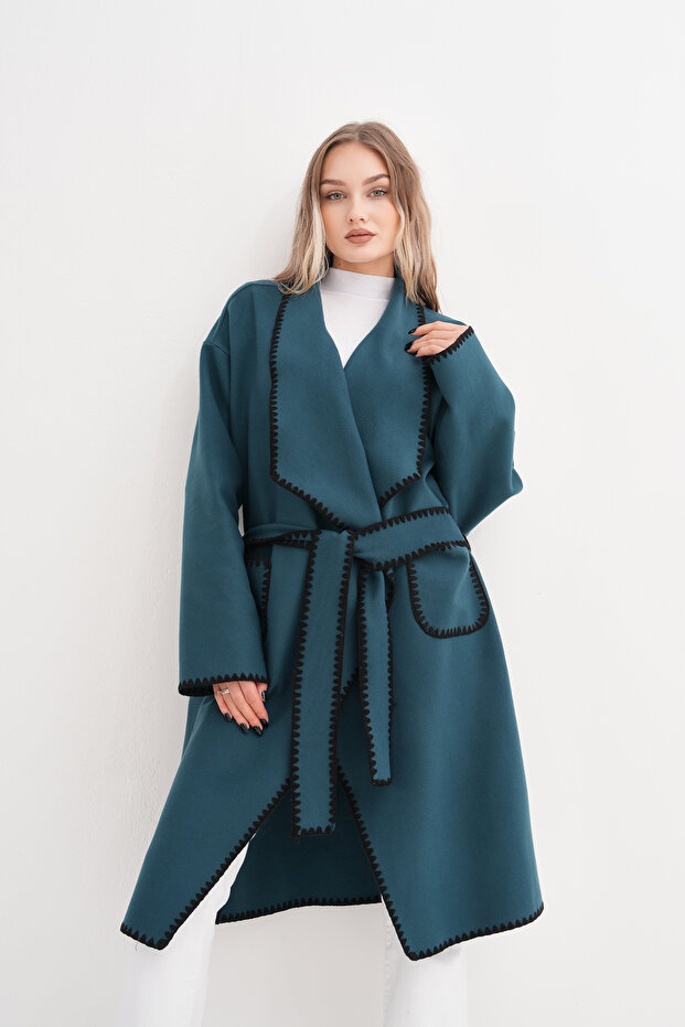 Emerald Green Stamp Coat Oversize Standard Size 36-46 Below Knee Pocket Comfortable Fit with Belt