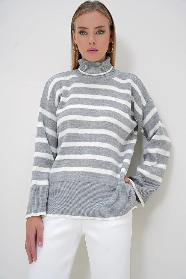 Women's Gray Striped High Top Oversize Trend Sweater with Side Slits
