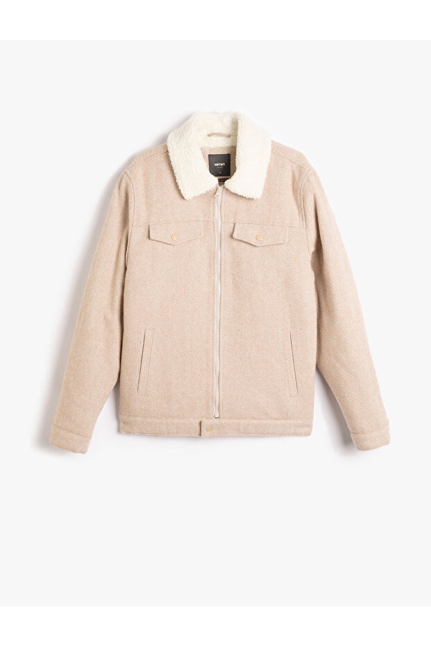 Classic Collar Jacket with Plush Zippered Inside Pocket