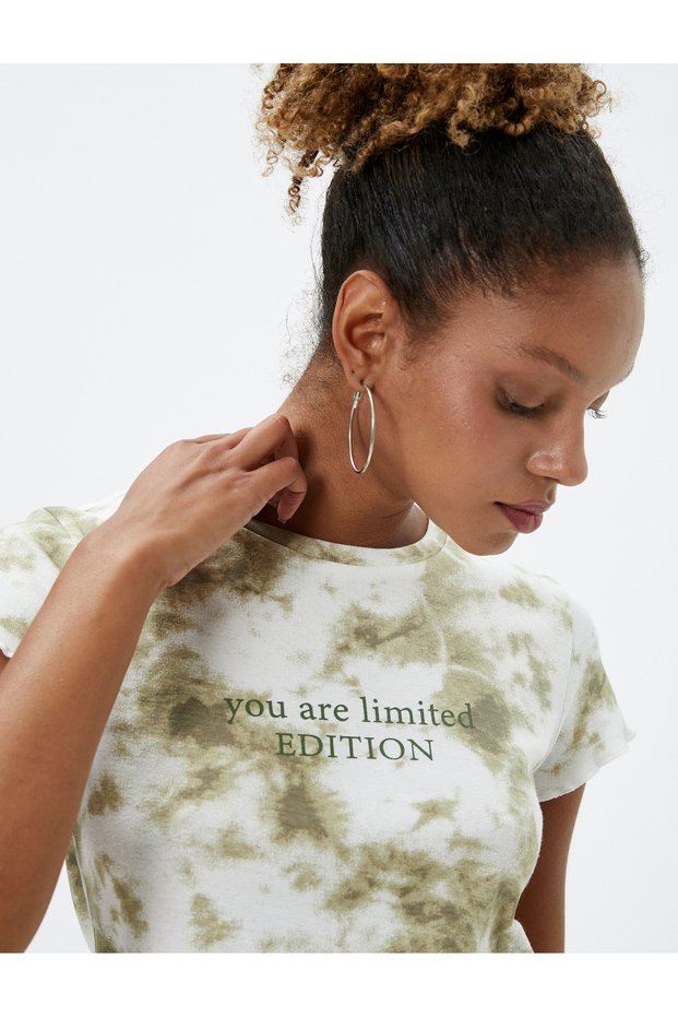 Slogan Printed T-Shirt with Batik Detail Short Sleeve Crew Neck