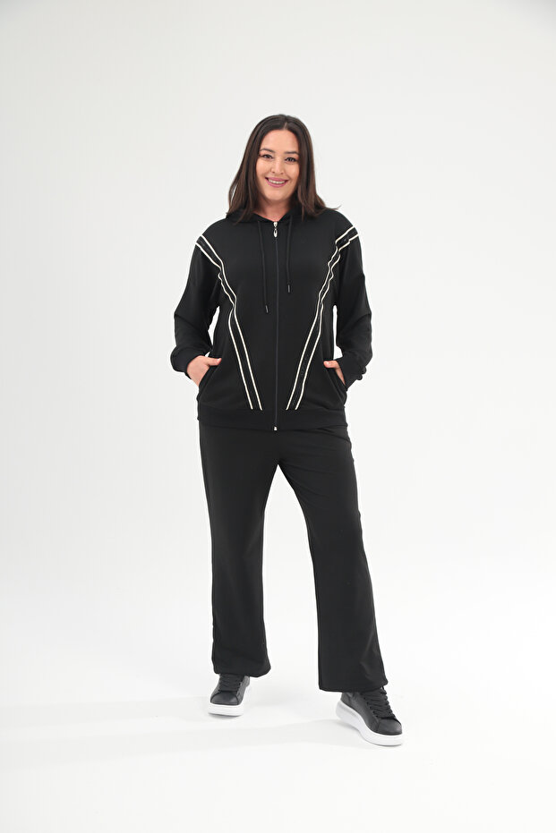 Women's Plus Size Black Front Zipper Stripe and Stone Detailed Hooded Tracksuit Suit 65N38692