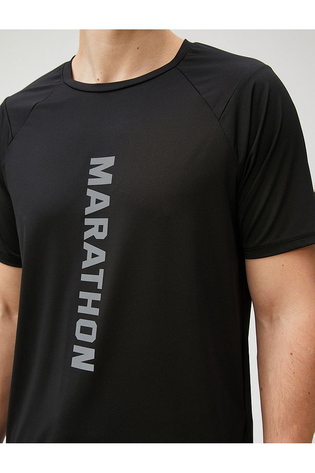 Spor Tişört Slogan Baskılı Bisiklet Yaka Reglan Kol - 5