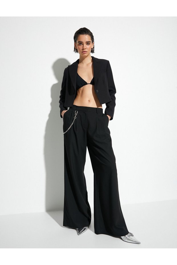 Palazzo Trousers Wide Leg Normal Waist Chain Detailed