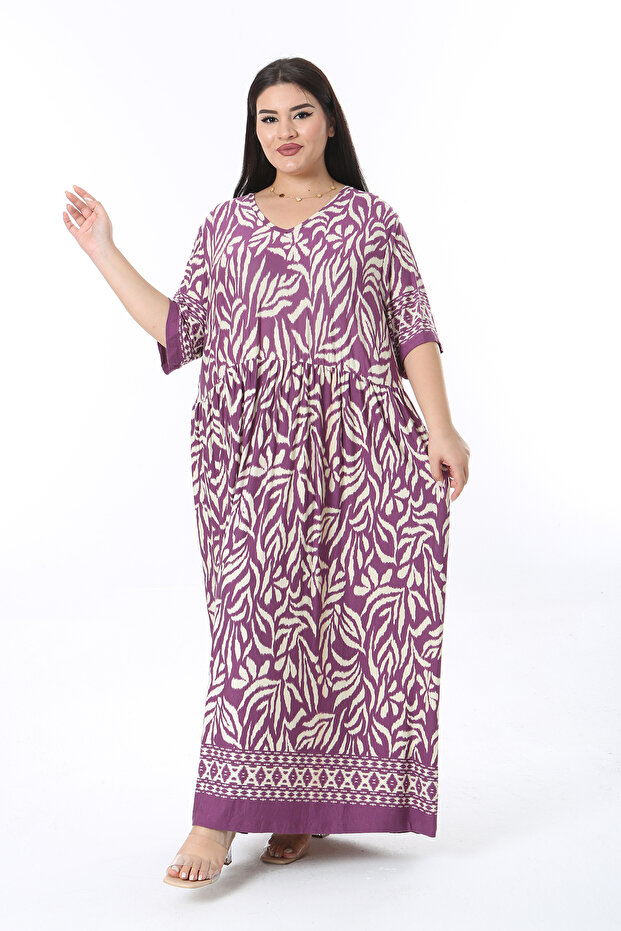 Women's Plus Size Purple V-Neck Waist Drawstring Relaxed Fit Dress 65N38486
