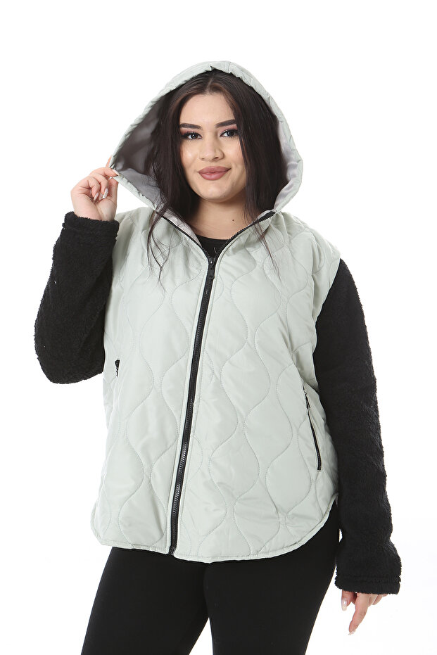 Women's Plus Size Gray Zipper and Hooded Sleeves Plush Coat 65N38494