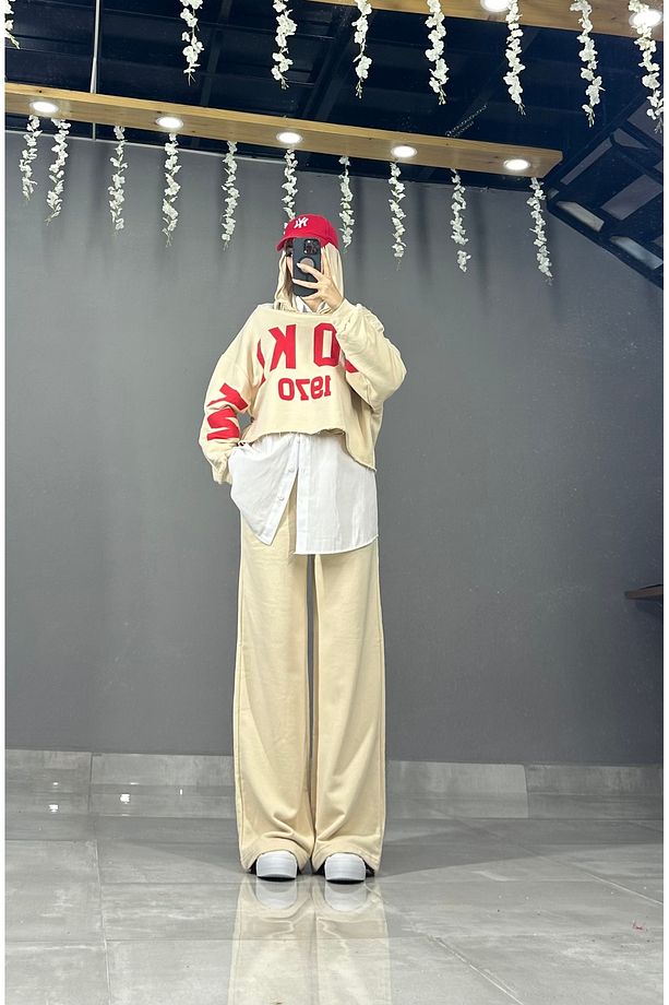 Oversize Crop Alt Üst Kombin Spor Takım Bej - 4