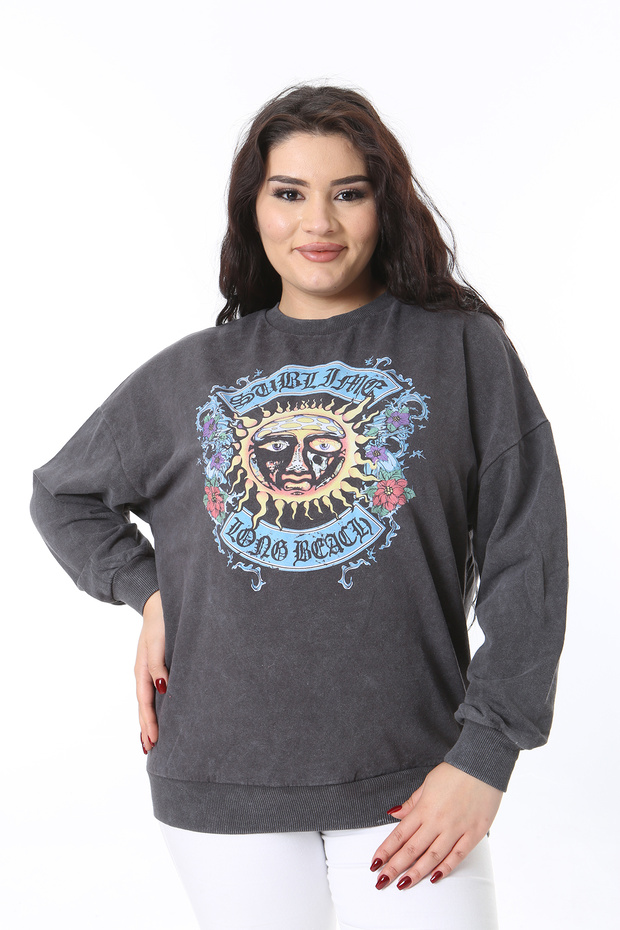 Women's Large Size Smoked Front Printed Sweatshirt 65N38616