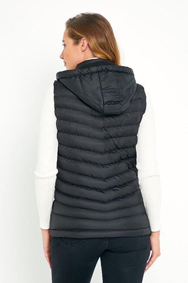 Women's Black Puffer Vest with Fleece Inside Hood - 4