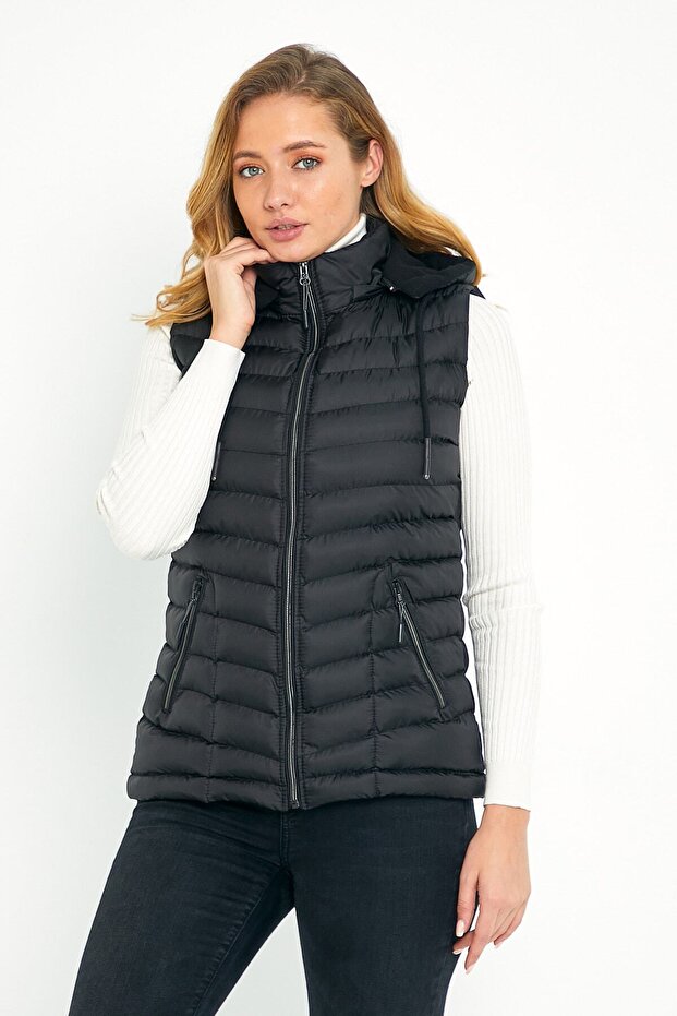Women's Black Puffer Vest with Fleece Inside Hood - 8