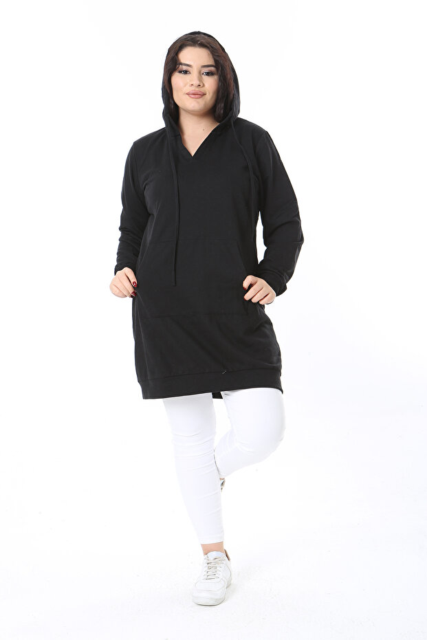 Women's Large Size Black Hooded Kangaroo Pocket Long Sweatshirt 65N38699