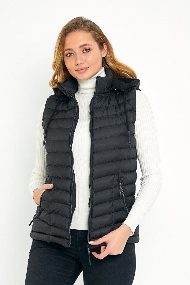 Women's Black Puffer Vest with Fleece Inside Hood - 7