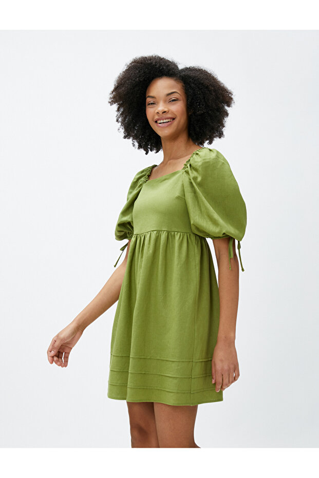 Mini Dress Linen Blended Balloon Sleeves with Window Detail Bow Detail