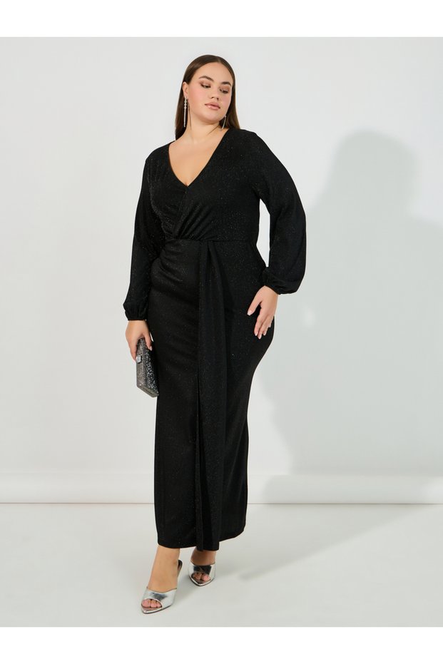 Plus Size Glitter Look Wrap Front Draped Maxi Dress