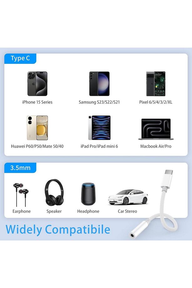 Type-c To 3.5mm Aux Kulaklık Dönüştürücü | Hasır Kablo | Tüm Type-c Cihazlarla Uyumlu - 5