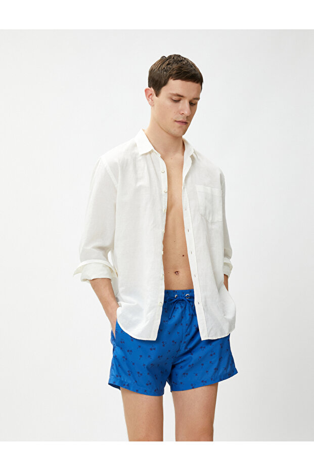 Swim Shorts with Palm Tree Print, Lace Waist and Pocket