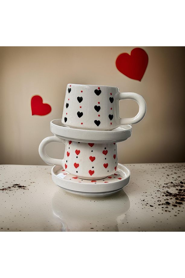 Klasik Kalpli Seramik El Dekoru 2li Tabaklı Kupa Seti Mug Bardak - 3