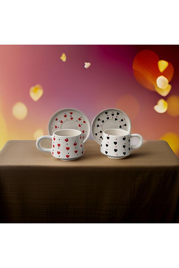 Klasik Kalpli Seramik El Dekoru 2li Tabaklı Kupa Seti Mug Bardak - 4