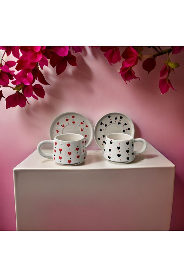 Klasik Kalpli Seramik El Dekoru 2li Tabaklı Kupa Seti Mug Bardak - 1