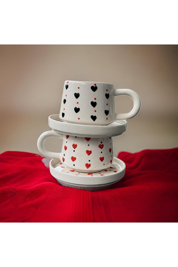 Klasik Kalpli Seramik El Dekoru 2li Tabaklı Kupa Seti Mug Bardak - 2