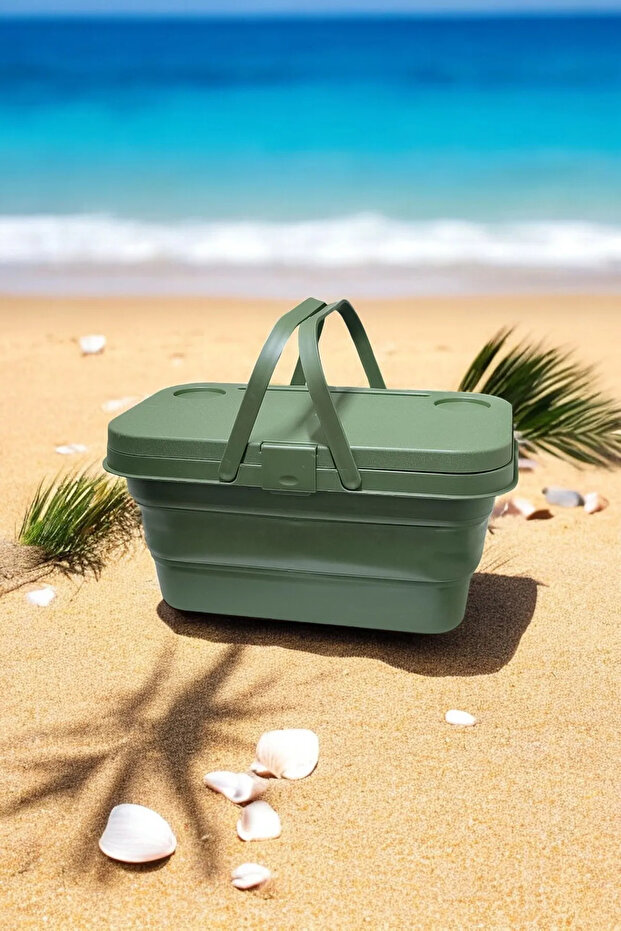 30Lt Multifunctional Foldable Outdoor Khaki Basket Picnic and Camping Organizer 45X29X24Cm
