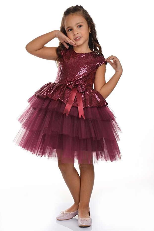 Pul Payet Tütü Parti Elbisesi MNK0275 BORDO - 2
