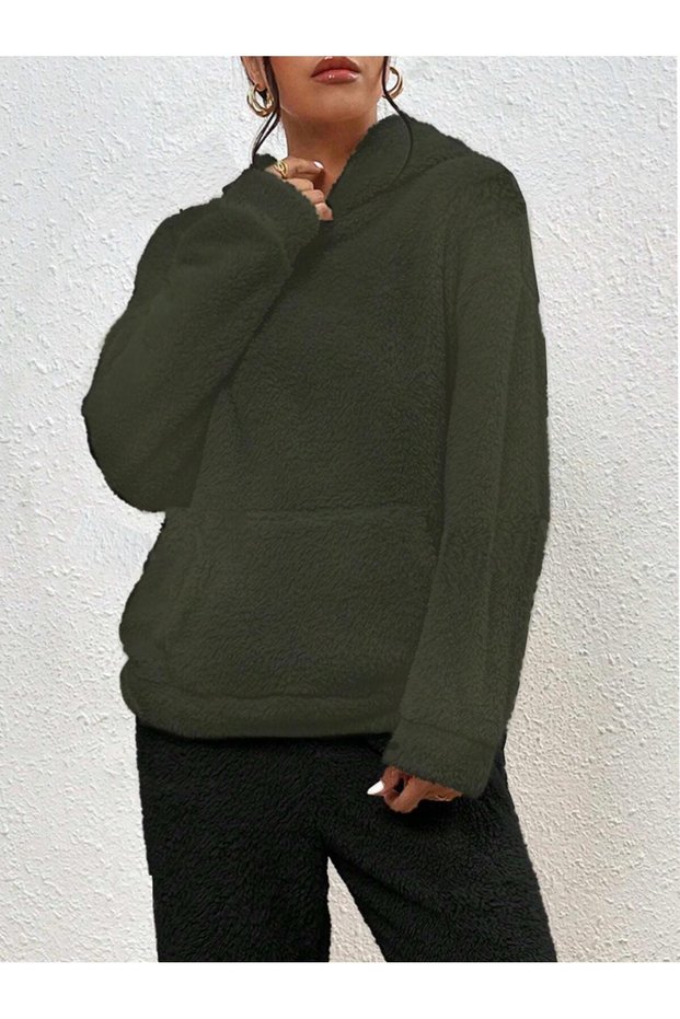Women's Kangaroo Pocket Lace-Up Hooded Plush Sweatshirt Fleece