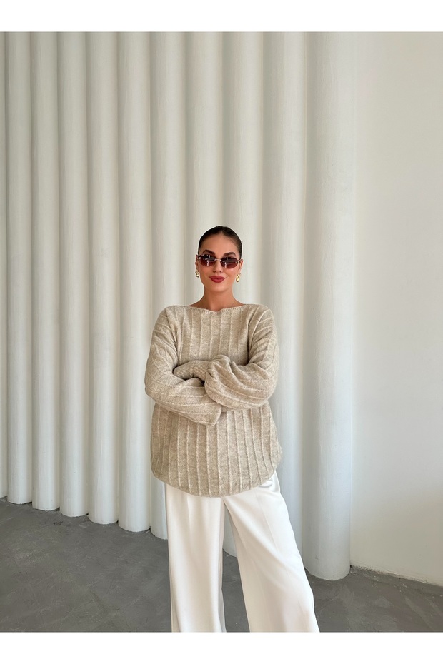 Pulover oversize cu coaste bej deschis - 3