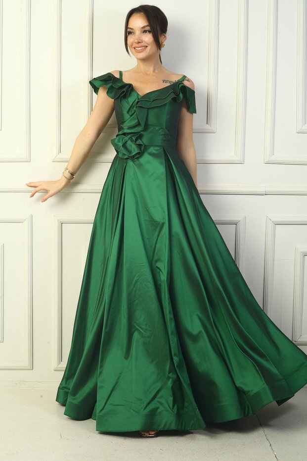 Women's Rope Strap Boat Neck Rose Detailed Lined Pocketed Long Taffeta Evening Dress Slim Fit