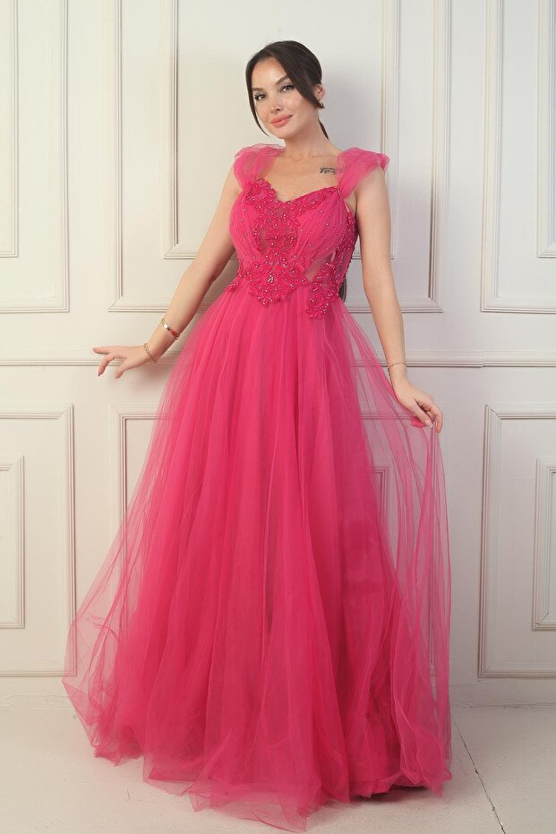Women's Front Back V Neck Lined Low Sleeves Top Applique Embroidery Princess Evening Dress