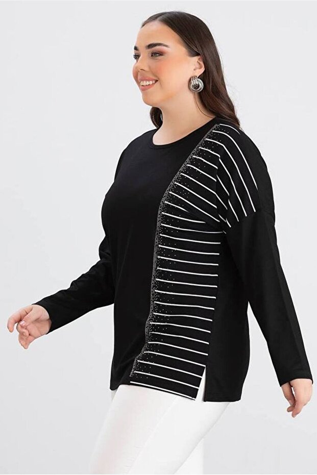 Women's Plus Size Wide Neck Side Line Stone Print Side Slit Stretchy Viscose Blouse