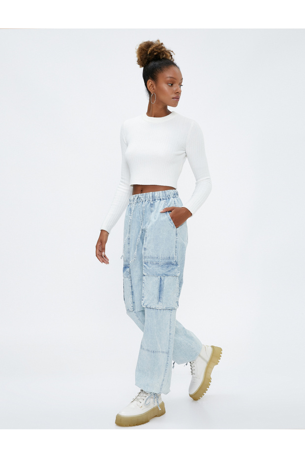 Denim Cargo Pants with Pocket Detail and Lace Waist - Baggy Jean