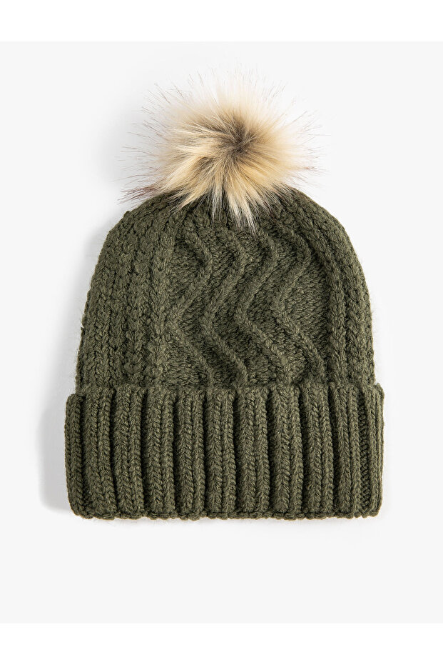 Knitted Beret with Plush Pompom