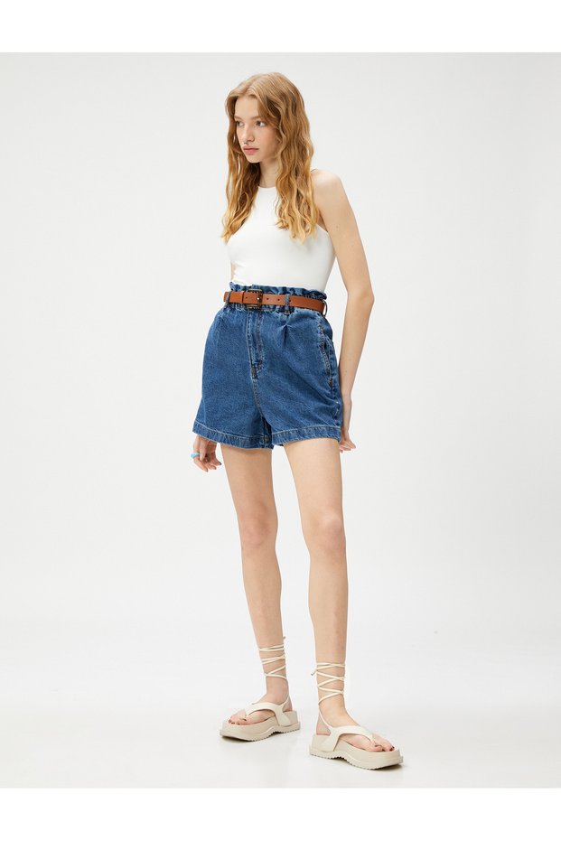 High Waist Belted Denim Shorts - Cotton with Pockets