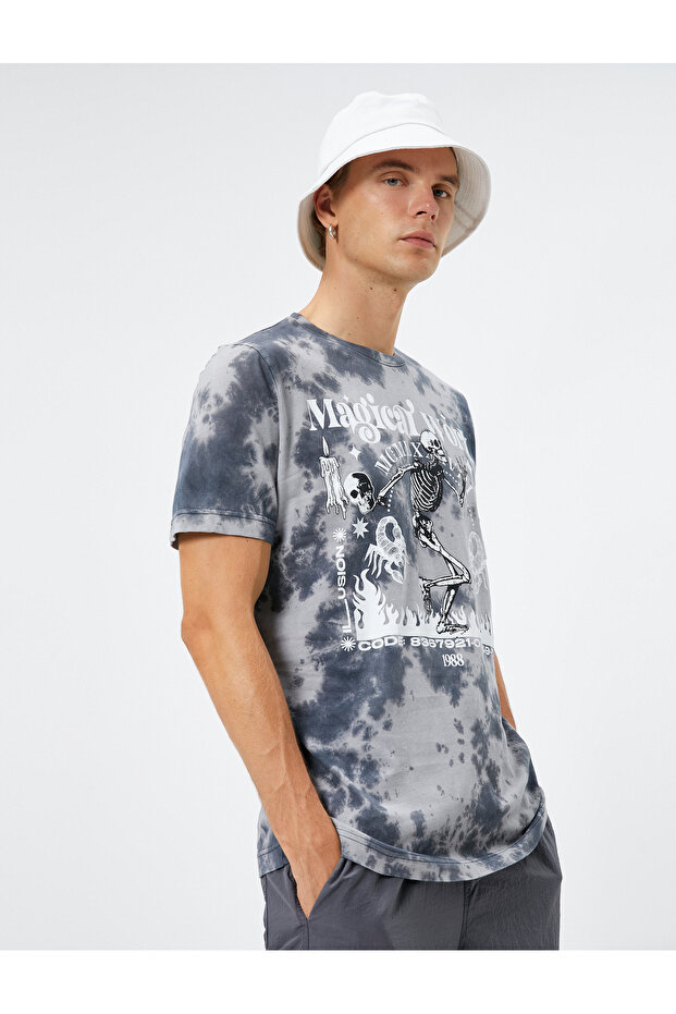 Skull Detailed T-Shirt Crew Neck Abstract Patterned Cotton