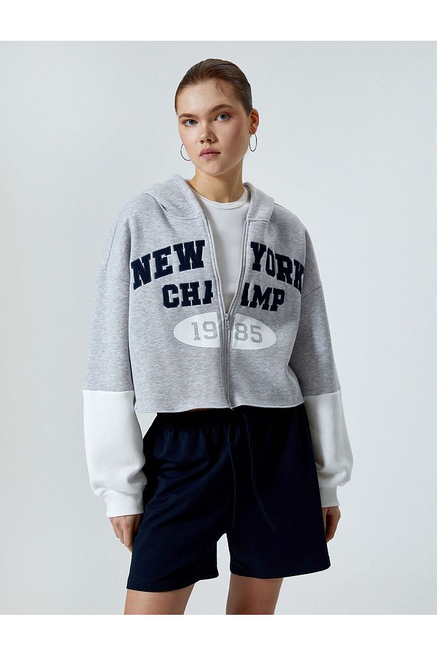 Şardonlu Kapüşonlu Fermuarlı Sweatshirt Crop Uzun Kollu Işlemeli - 3