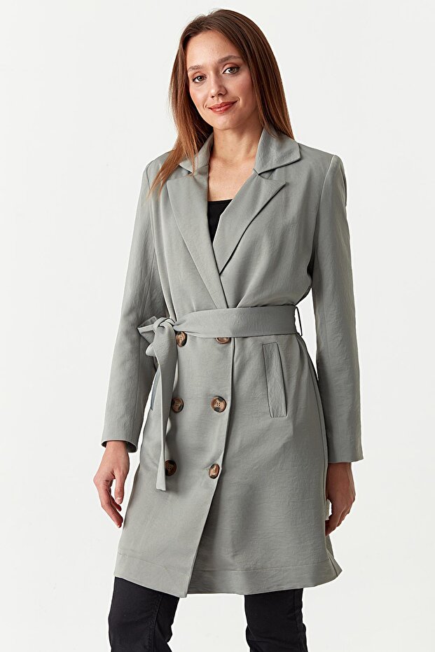 Kadın Düğmeli Kuşaklı Ceket - 3