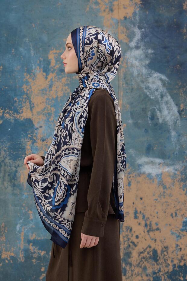 Lacivert Hint Vual Şal -  5004-02 - 3