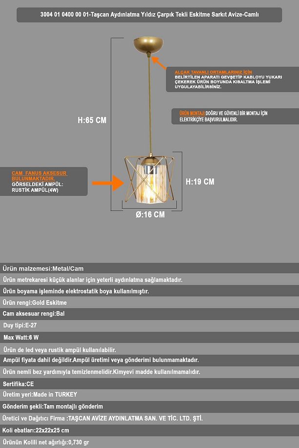 Yıldız Çarpık Tekli Eskitme Sarkıt Avize-camlı - 2