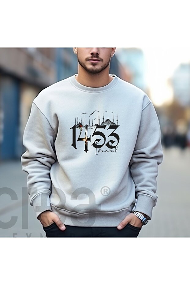 Fetih 1453 Illustrative Printed Oversize 3 Thread Hoodie Sweatshirt Gray
