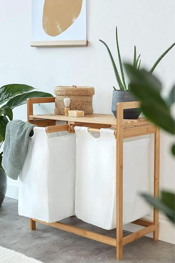 Bambu 2 Bölmeli Kirli Sepetli Çamaşır Sepeti Raflı Banyo Düzenleyici Db-0007 - 3
