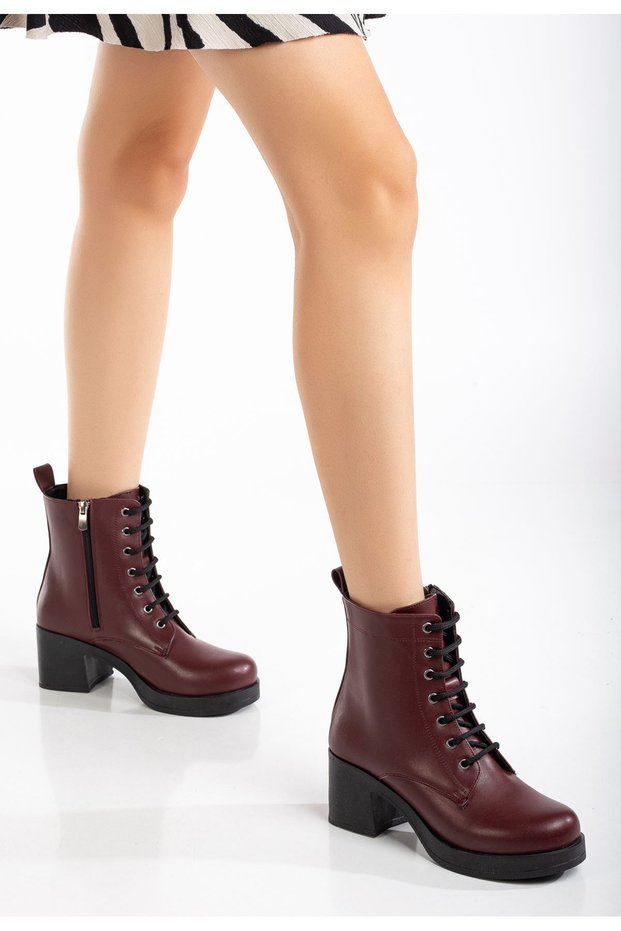 5109-3025 Burgundy Lace-Up Zippered Thick Heeled Daily Women's Boots