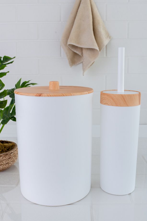 Bambu Desenli Çöp Kovası Ve Klozet Wc Fırçası 2’li Set Beyaz - 4