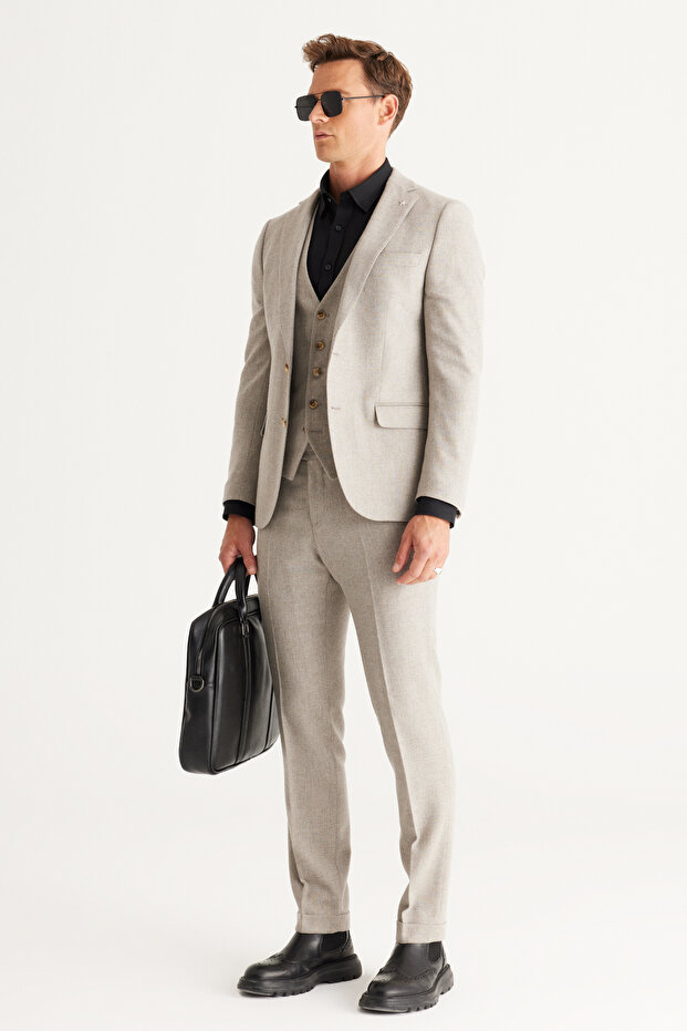 Men's Beige Wool Slim Fit Slim Fit Mono Collar Print Vest Suit