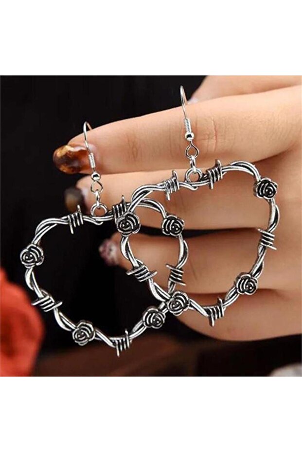 Rose Detailed Barbed Wire Heart Earrings