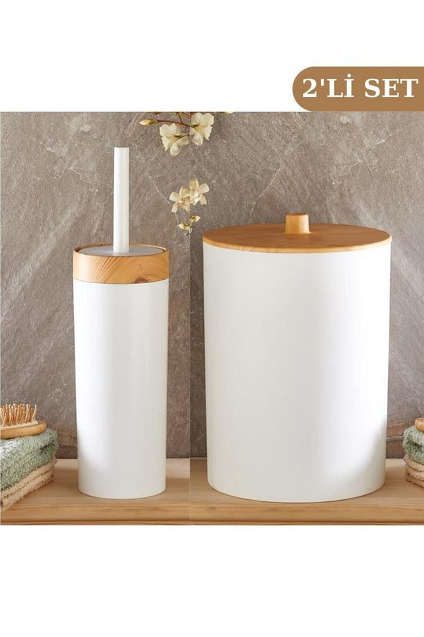 Bambu Desenli Çöp Kovası Ve Klozet Wc Fırçası 2’li Set Beyaz - 1