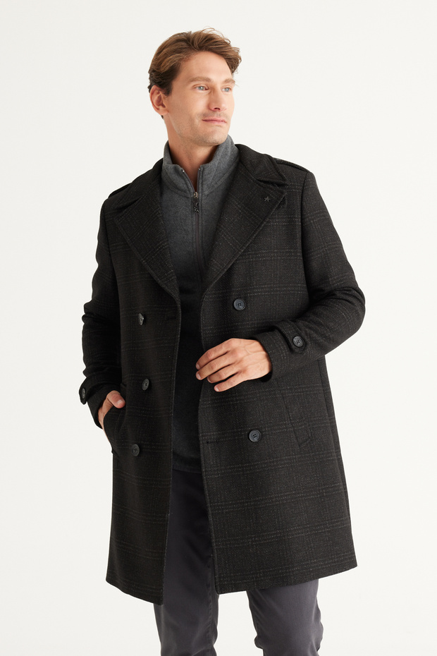 Paltoane pentru bărbați din lână neagră, cu croiala normală, cu guler mono - 8
