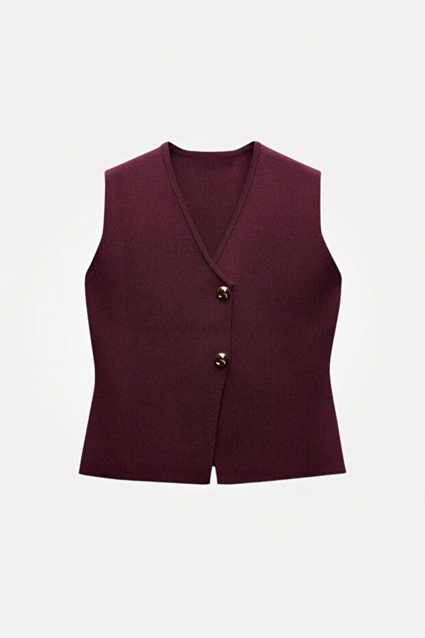 Women's Plum Gold Button Plain Knit Top Vest