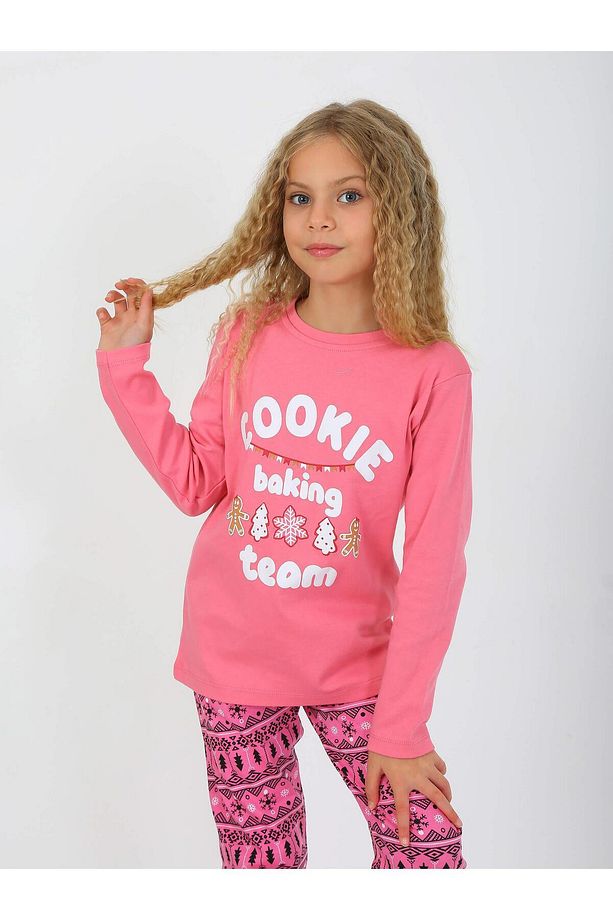Kız Çocuk Uzun Kollu %100 Pamuklu Yılbaşı Pijama Takımı Cookie Team - 1